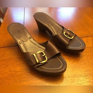 FRYE Brown Leather sandals, slides, mules, wedge, buckle shoes size 10.